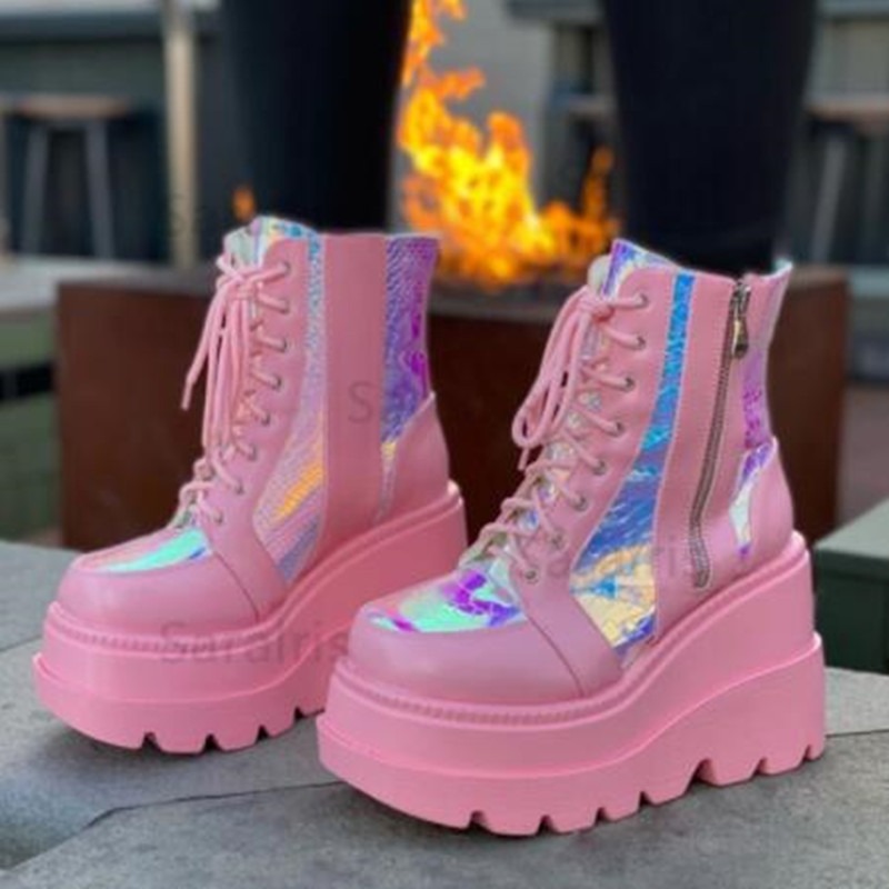 Street Fashion Punk - Damskie różowe holograficzne botki na platformie,
