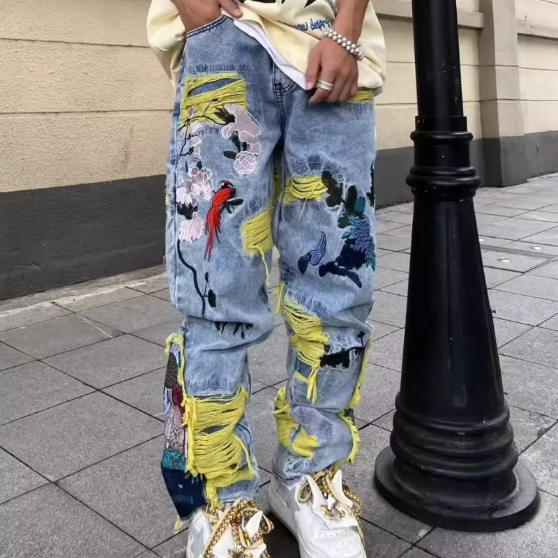Street Fashion In Japanese - American Vintage Hip-hop Haft Dilapidated Jeans