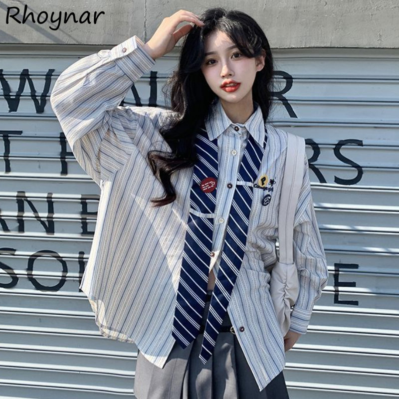 Street Fashion In Japanese - Koszule w paski kobiety Baggy Preppy